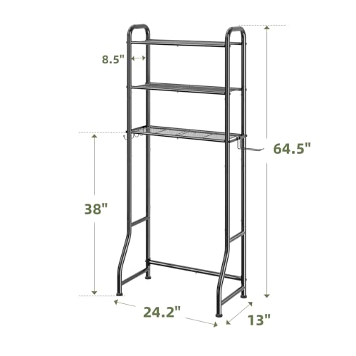 Simple Trending Over The Toilet Storage Rack, Metal 3 Tier Bathroom Organizer Shelf with Paper Holder and 3 Hooks, Freestanding Shelf Space Saver Above Toilet,Black - color: 3-tier Black