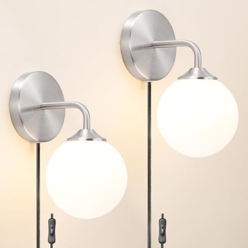 Modern Brushed Nickel Plug in Wall Sconce Set of 2, Wall Light Fixture with Milky White Globe Glass Lampshade, Wall Lamp with Plug in Cord, Art Deco Wall Light for Bedroom Living Room Hallway - color: Brushed Nickel+White