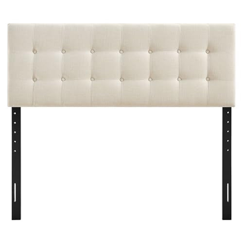 Modway Emily Full Size Performance Fabric Headboard in Ecru - Linen-Like Upholstery with Button Tufting and 7 Adjustable Height Positions - color: Ecru, size: Full
