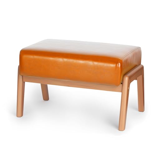 15inch Ottoman Foot Rest, Leatherette Ottoman Bench, Modern Accent Sofa Stool Foot Stool for Accent Chair, Walnut Wood Frame & Thickness Cushion, Yellowish - color: Yellow
