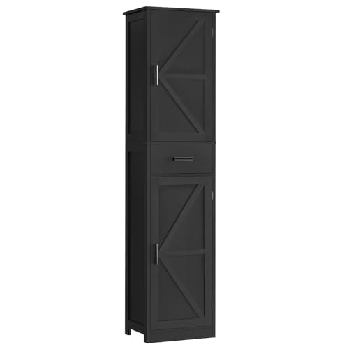 TEENFON Tall Bathroom Cabinet, Storage Cabinet with 6 Shelves & Drawer, Bathroom Storage Cabinet with Adjustable Shelves, Tall Cabinet for Living Room, Home Office, Black - color: Black
