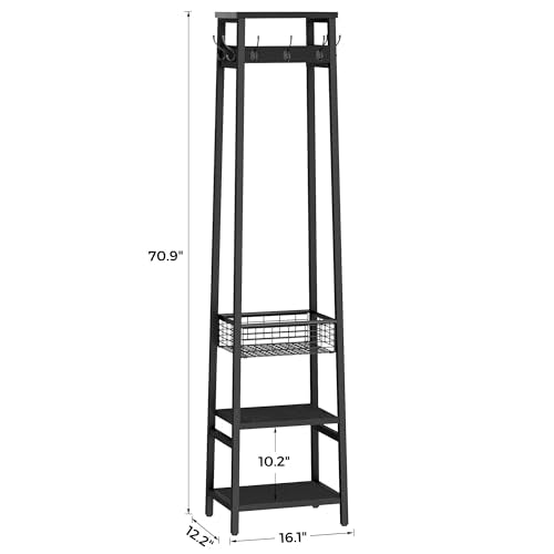 Coat Rack with Metal Basket and Storage Shelves | Coat Stand Freestanding, Hall Tree With and 7 Hooks, Clothes Rack Stand Organizer, Black - color: Black, style: 2 Shelves + 1 Basket