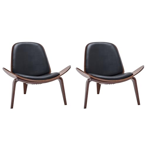 BELLEZE Shell Chairs Set of 2, Armless Mid Century Modern Accent Chairs Faux Leather Shell Lounge Chairs for Living Room Bedroom, Tripod Side Chairs with Padded Seat, Solid Wood- Avalon (Black) - color: Black, size: 2 Chairs