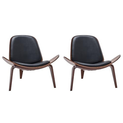 BELLEZE Shell Chairs Set of 2, Armless Mid Century Modern Accent Chairs Faux Leather Shell Lounge Chairs for Living Room Bedroom, Tripod Side Chairs with Padded Seat, Solid Wood- Avalon (Black) - color: Black, size: 2 Chairs