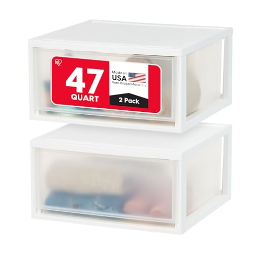 IRIS USA 2-Pack, 47 Qt. Extra Large Stacking Drawer with Clear Door, White | Store shoes, clothing, linens, pantry items, and household essentials with organized storage for everyday needs - size: 47 Qt., style: 2 Pack