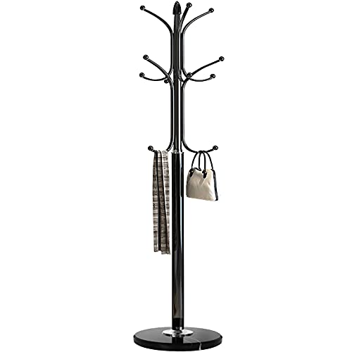 Kertnic Freestanding Coat Rack Stand, Heavy Duty Metal Hall Tree with 12 Hooks, 70 Inch Tall Stable Coat Hanger with 14.6" Natural Marble Base, Entryway Organizer for Coats Bags Hats Purses (Black) - color: Black