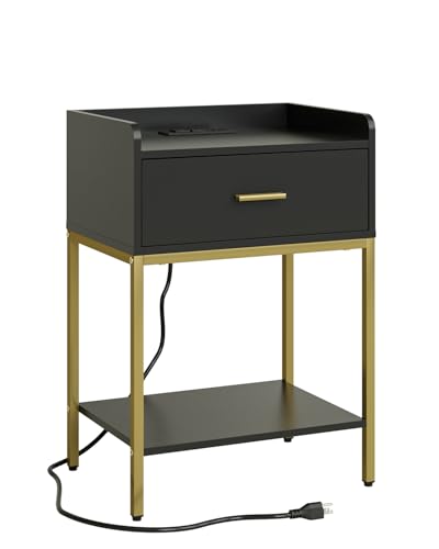 Masupu Nightstand with Charging Station,3-Tier Modern Bedside Night Stand with Storage Drawer and Shelf,Small End Side Table for Bedroom,Living Room,Gold and Black - color: Outlet-black