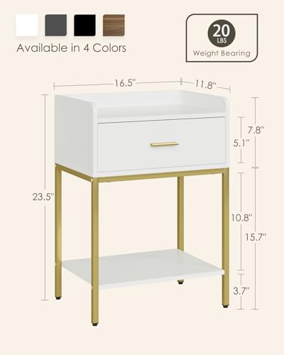 Masupu Nightstand,3-Tier Modern Bedside Night Stand with Storage Drawer and Shelf,Small End Side Table for Bedroom,Living Room,White (Without Outlet, White) - color: White Without Outlet