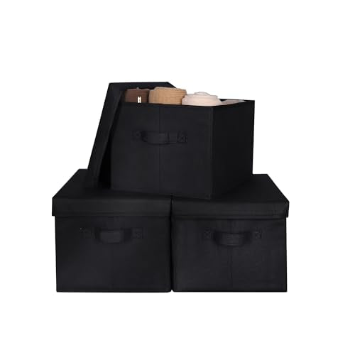 WUIKE 3 Pack Large Fabric Storage Bins with Lids, Decorative Storage Boxes with Handles, Storage Baskets for Shelves, Foldable Storage Containers, Closet Organizers for Towels, Clothes, Black - color: Black, size: Large