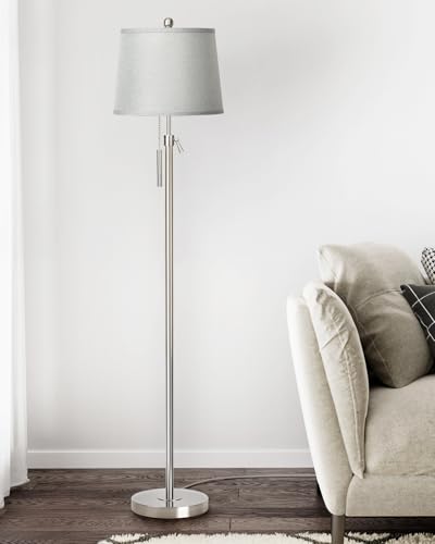 JUNNAI Floor Lamp for Living Room,Adjustable Height Standing Lamp,Dimmable Modern Floor Lamps for Bedroom Office Tall Floor Lights with Pull Chain Bulb Included-Silver Gray Shade - color: Silver+Gray Shade