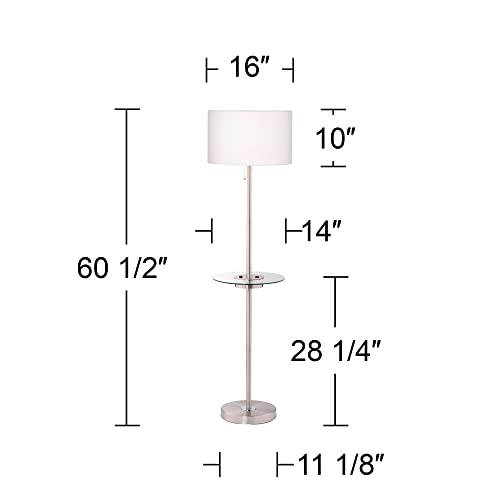 360 Lighting Caper 60 1/2" Tall Tray Table USB Floor Lamps Set of 2 | Modern 5 with and AC Power Outlet Brushed Nickel White Fabric Drum Shades Living Room Reading House Bedroom - color: Silver