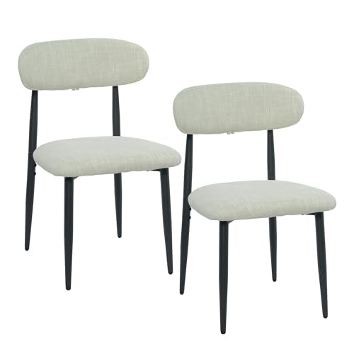 FREKEN Modern Upholstered Dining Chairs Set of 2, Mid-Century Metal Frame Linen Fabric Side Chair for Kitchen Dining Room, 350lbs Capacity, Beige - color: Beige - Black Legs, size: Set of 2