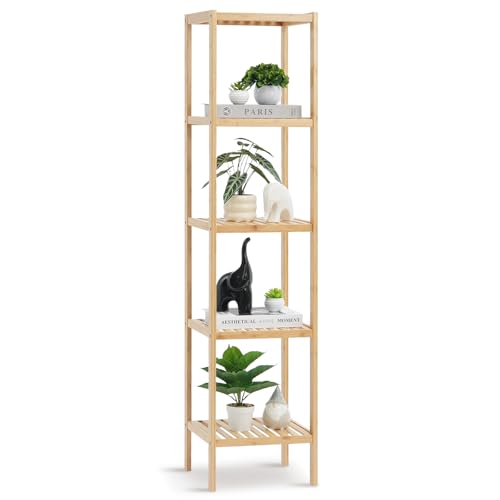 VEVOR 5-Tier Bathroom Standing Shelf, Narrow Shelving Unit, Display Storage Rack Organizer, Freestanding Flower Plant Stand, Multifunctional Bamboo Shelf Ideal for Bathroom, Kitchen, Home, Natural - style: 5-Tier