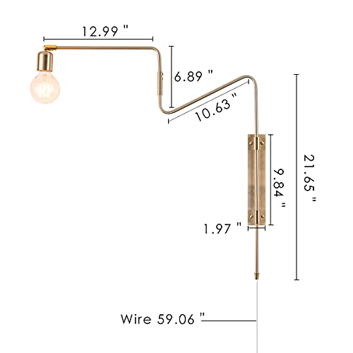 Industrial Brass Plug in Swing Arm Wall Sconces, Set of 2 | Modern Adjustable Rotatable Bedside Lamp Over Bed Wall Mount Lighting Fixturefor Bedroom, Living Room& Nightstand - color: D-Gold-2 Pack