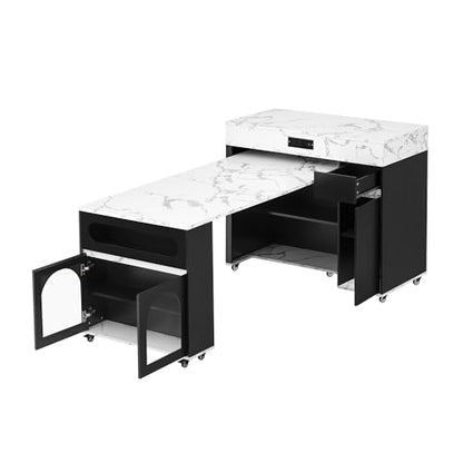 Extendable Dining Table with Extra-Long Folding Top, Rolling Kitchen Island with Storage Cabinet, Drawers & Brake Lock, Sturdy Mobile Cart for Kitchen, Dining Room & Open Spaces (Black2) - color: Black2