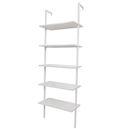 5-Shelf Modern Bookcase, Open Wall Mount Ladder Bookshelf with Industrial Metal Frame for Living Room Bedroom Home Office (White) - color: White