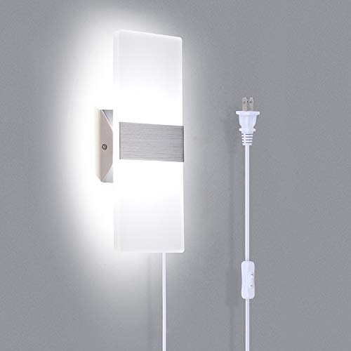 TRLIFE Wall Sconce Plug in, Modern Wall Sconce 12W Wall Mounted Light 6000K Cool White Acrylic LED Wall Lights with 6FT Plug in Cord and On/Off Switch on The Cord(1 Pack, Silver) - color: Silver-6000K Cool White, size: 1 Pack