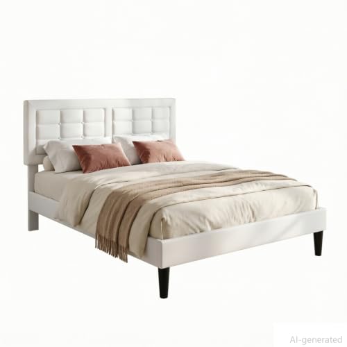 VECELO Full Size Bed Frame, Adjustable Upholstered Button Tufted Headboard, Heavy-Duty Bedframe with Wood Slats Support, No Box Spring Needed, Linen & White - color: Linen & White, size: Full, style: Bed Frame