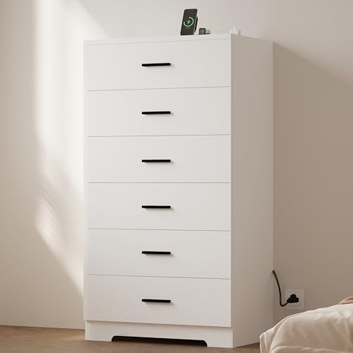 48" Tall Dresser for Bedroom Chest of Drawers with Power Outlets Wood 6 Drawers Dresser with Large Storage Space and Metal Handles Modern Closet Storage Drawer for Living Room Hallway White - color: White