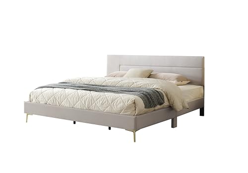 Kings Brand Furniture Verona Upholstered Wooden Bed Frame with Headboard, Low-Profile Platform Design - Solid Wood Platform with Accent Legs for Bedroom (Brown/Gold) (Full) - size: Full