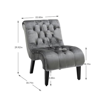 Comfy Velvet Accent Chair, Tufted Armless Side Chair with Rolled Edge | Modern Small Lounger for Living Room, Upholstered Reading Chaise Lounge with Solid Rubber Wood Legs, Silver - color: Silver, size: Set of 1
