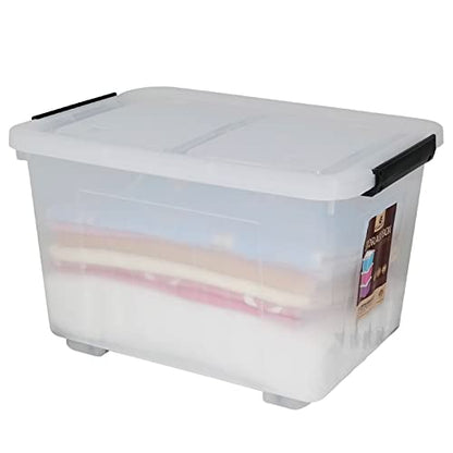 4 Packs 30 L Clear Large Storage Boxes Container with Lids and Wheels | Clear Translucent Design, Secure Latch Lock Lids, Smooth Rolling Wheels, for Home Office Garage Use - size: 30 L