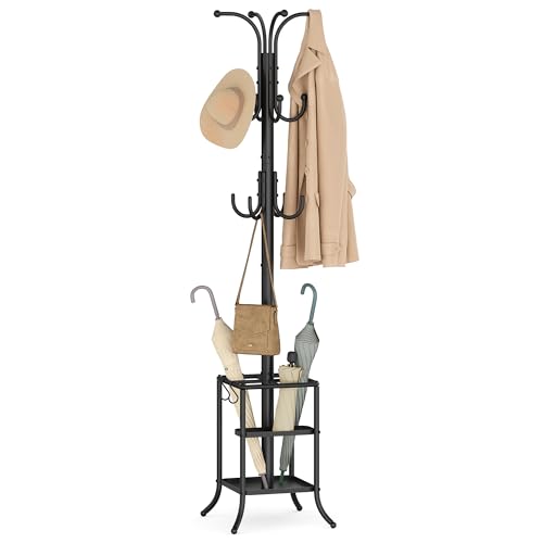 SONGMICS Coat Rack Freestanding Metal Coat Rack Stand with 12 Hooks | Coat Rack with Umbrella Holder - style: with square umbrella holder