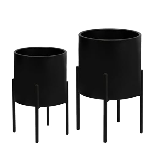 ARNIS Modern Plant Pots, Large Planters with Stand, Set of 2 Decorative Planters, Metal Plant Pots with Drainage Holes for Living Room, Office, Garden or Balcony, 10.5 &12.25 Inch, Black - color: Black, size: 10.5 &12.25