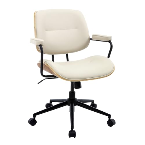 Mid Century Modern Office Chair with Armrest and Adjustable Backrest, Beige | Wooden frame with armrests & adjustable backrest, swivel & height-adjustable, PU leather seat for home office comfort - color: Beige