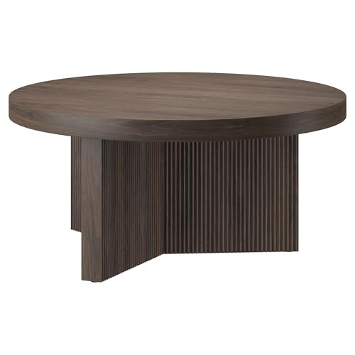 Henn&Hart 32" Scandinavian Fluted Coffee Table, Rich Brown | Ribbed pedestal base and low profile bring Scandinavian style to small spaces including living rooms or family rooms - color: Rich Brown, size: 32 inches