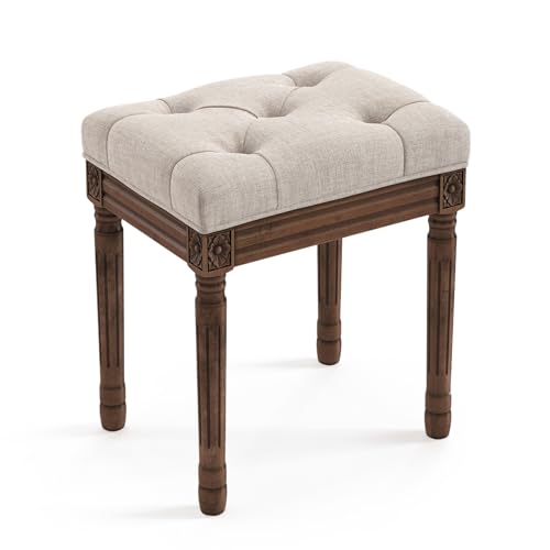 LUE BONA Upholstered Fabric Vanity Bench Seat, Makeup Stools for Vanity, Square Tufted Ottoman Bench with Carved Dark Brown Legs for Bedroom Living Room, Linen Color - color: Linen and Dark Brown