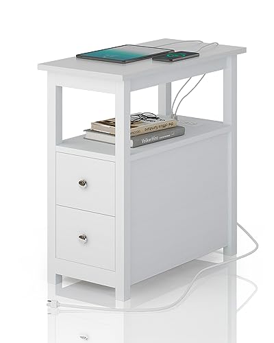 End Table with Charging Station, Side Table with 2 Drawer & USB Ports & Power Outlets, Nightstand for Small Spaces, Bedside Tables for Living Room White - color: White