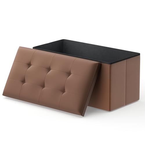 30 Inch Storage Ottoman Bench, 24 Gal. Folding Ottoman Footrest, End of Bed Bench, Rectangle Foot Stool, Supports 600 lbs, for Bedroom, Living Room, Entryway, Hallway, Brown - color: Brown, size: 15"D x 30"W x 14.5"H