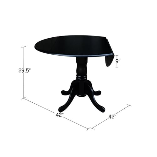 IC International Concepts, 42" Round Dual Drop Leaf Pedestal Dining Table, Solid Wood, Real Parawood, 42" W x 42" D x 29.5" H, Easy Assembly, Black - color: Black