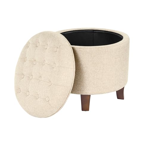 HomePop 19" Button Tufted Round Storage Ottoman - Tan Woven - color: Tan Woven