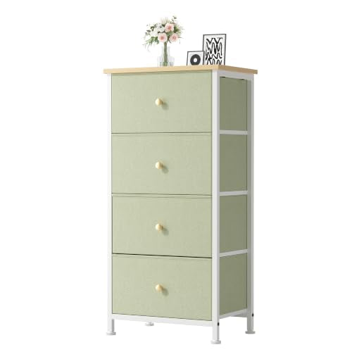 DUMOS Nightstand, Bedside Table with 4 Fabric Drawers | Night Stand with Removable Bins, Steel Frame Wood Top, Small Dresser for Bedroom Closet, Living Room, Light Green - color: Light Green, size: 11.8"D x 17.7"W x 37.4"H (4 Drawers)