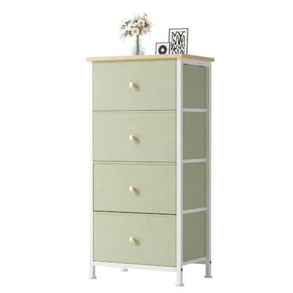 DUMOS Nightstand, Bedside Table with 4 Fabric Drawers | Night Stand with Removable Bins, Steel Frame Wood Top, Small Dresser for Bedroom Closet, Living Room, Light Green - color: Light Green, size: 11.8"D x 17.7"W x 37.4"H (4 Drawers)