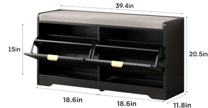 Maupvit 39.4" Fluted Shoe Bench with Storage, Narrow Entryway Bench, Black | with Removable Seat Cushion & 2 Flip-Drawers, Shoe Cabinet Bench, Boho Hidden Shoe Rack for Entrance, Hallway, Living Room - color: Black
