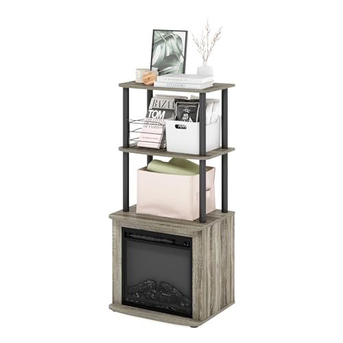 Furinno Turn-N-Tube 2-Tier Tall TV Entertainment Side Table Display Rack with Fireplace Insert, French Oak Grey/Black - color: French Oak Grey, size: Fireplace Side Table