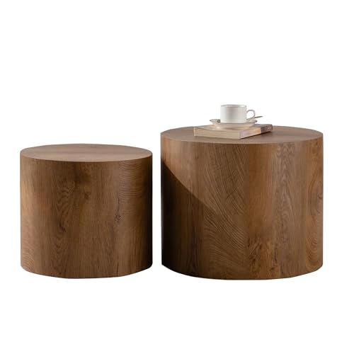 Round Nesting Coffee Table Set of 2 Living Room, No Assembly | Modern Wooden Center Tables, Tea Table for Apartment, Small Circle Accent End Table Set, Brown Wood - color: A-brown Wood