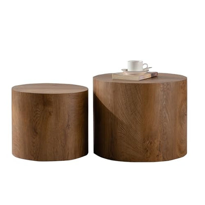 Round Nesting Coffee Table Set of 2 Living Room, No Assembly | Modern Wooden Center Tables, Tea Table for Apartment, Small Circle Accent End Table Set, Brown Wood - color: A-brown Wood