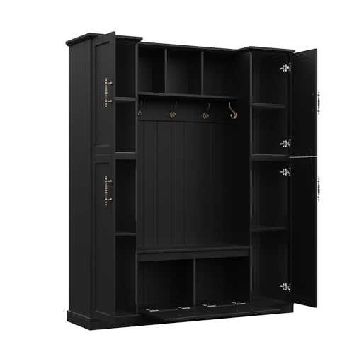 JIVOIT Farmhouse Hall Tree with 4 Side Cabinets, Adjustable Shelves & Open Cubbies, All-in-One Mudroom Furniture, Beadboard Entryway Bench with Coat Rack & 5 Hooks for Hallway (Black,152) - color: Black,152