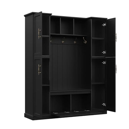 JIVOIT Farmhouse Hall Tree with 4 Side Cabinets, Adjustable Shelves & Open Cubbies, All-in-One Mudroom Furniture, Beadboard Entryway Bench with Coat Rack & 5 Hooks for Hallway (Black,152) - color: Black,152