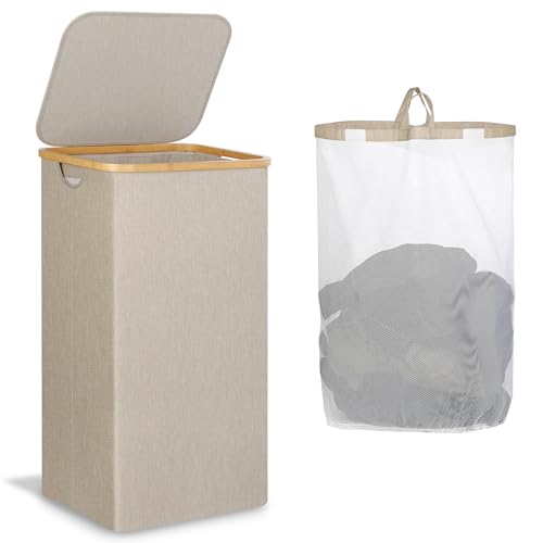 IEGrow Laundry Hamper with Lid,110L Laundry Basket with Mesh Bags,Oatmeal | Dirty Clothes Hamper Basket with Bamboo Handle for Clothes Towels - color: Oatmeal, size: 110L