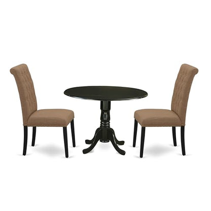 East West Furniture DLBR3-BLK-17 3 Piece Dining Room Furniture Set Contains a Round Dining Table with Dropleaf and 2 Light Sable Linen Fabric Upholstered Chairs, 42x42 Inch, Black - color: Dlbr3-blk-17