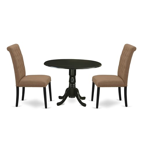 East West Furniture DLBR3-BLK-17 3 Piece Dining Room Furniture Set Contains a Round Dining Table with Dropleaf and 2 Light Sable Linen Fabric Upholstered Chairs, 42x42 Inch, Black - color: Dlbr3-blk-17
