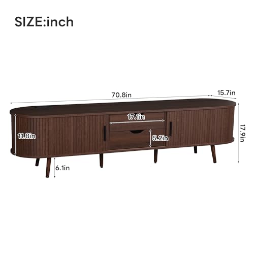 70 Inch Mid Century Modern TV Stand for 80 Inch TV, Wood TV Console with Power Outlet and Tambour Doors, Media Center with Storage Drawers for Living Room or Bedroom, Dark Brown Entertainment Center - color: Dark Brown-j
