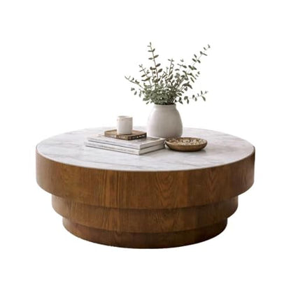 31.5" Round White Sintered Stone Coffee Table, Mid-Century Modern Marble Coffee Table with Stable Wood Pedestal Base, Circle Drum Cocktail Center Tea Tables for Living Room Bedroom Apartment - color: White