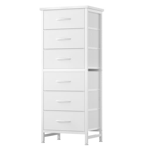 Sweetcrispy Tall Fabric Dresser for Bedroom, 6 Drawer Chest of Drawers | Narrow Storage Tower with Wood Top and Metal Frame, Vertical Nightstand for Closet, Bedroom Organization Furniture, White - color: White, size: 11.8"D x 15.7"W x 39.4"H (6 Drawers)