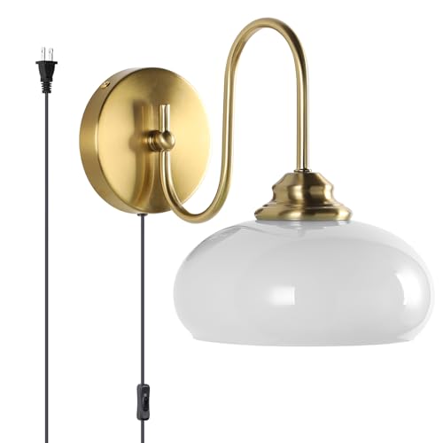 KCO Lighting Antique Brass Wall Sconce Goose Neck Wall Sconce Plug in Wall Lights with Cord Milk Glass Wall Mounted Light Fixture for Bedroom - color: White